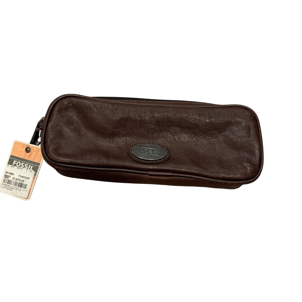 Fossil Brown Genuine Leather Zip Pouch Makeup Bag Travel Case NEW